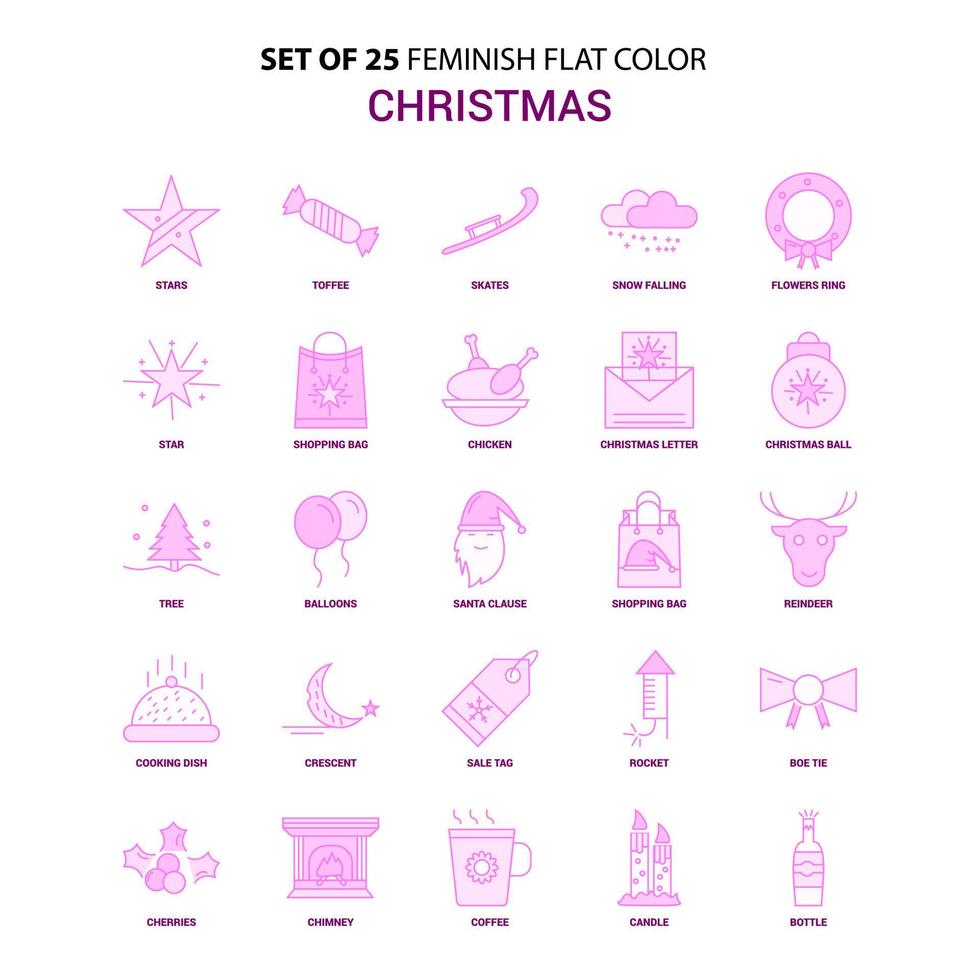 conjunto de 25 conjunto de iconos de color rosa plano de navidad femenina vector