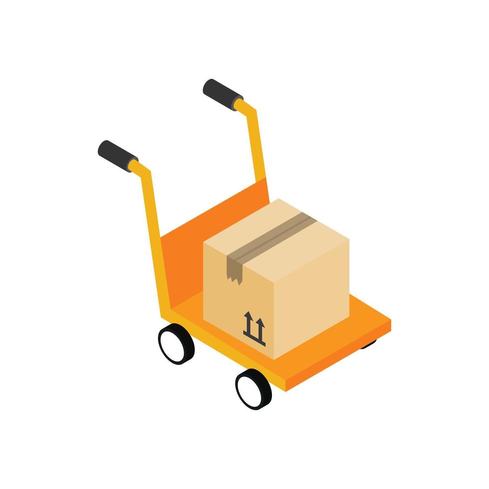 Yellow hand cart with cardboard box icon vector