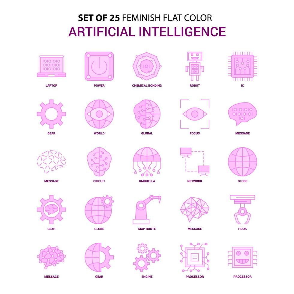 Set of 25 Feminish Artificial Intelligence Flat Color Pink Icon set vector