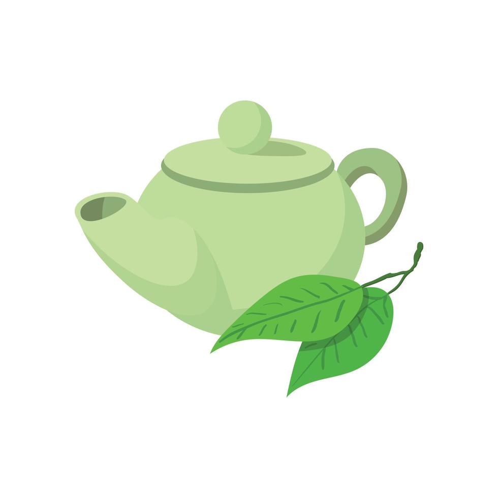 Teapot green tea icon, cartoon style vector