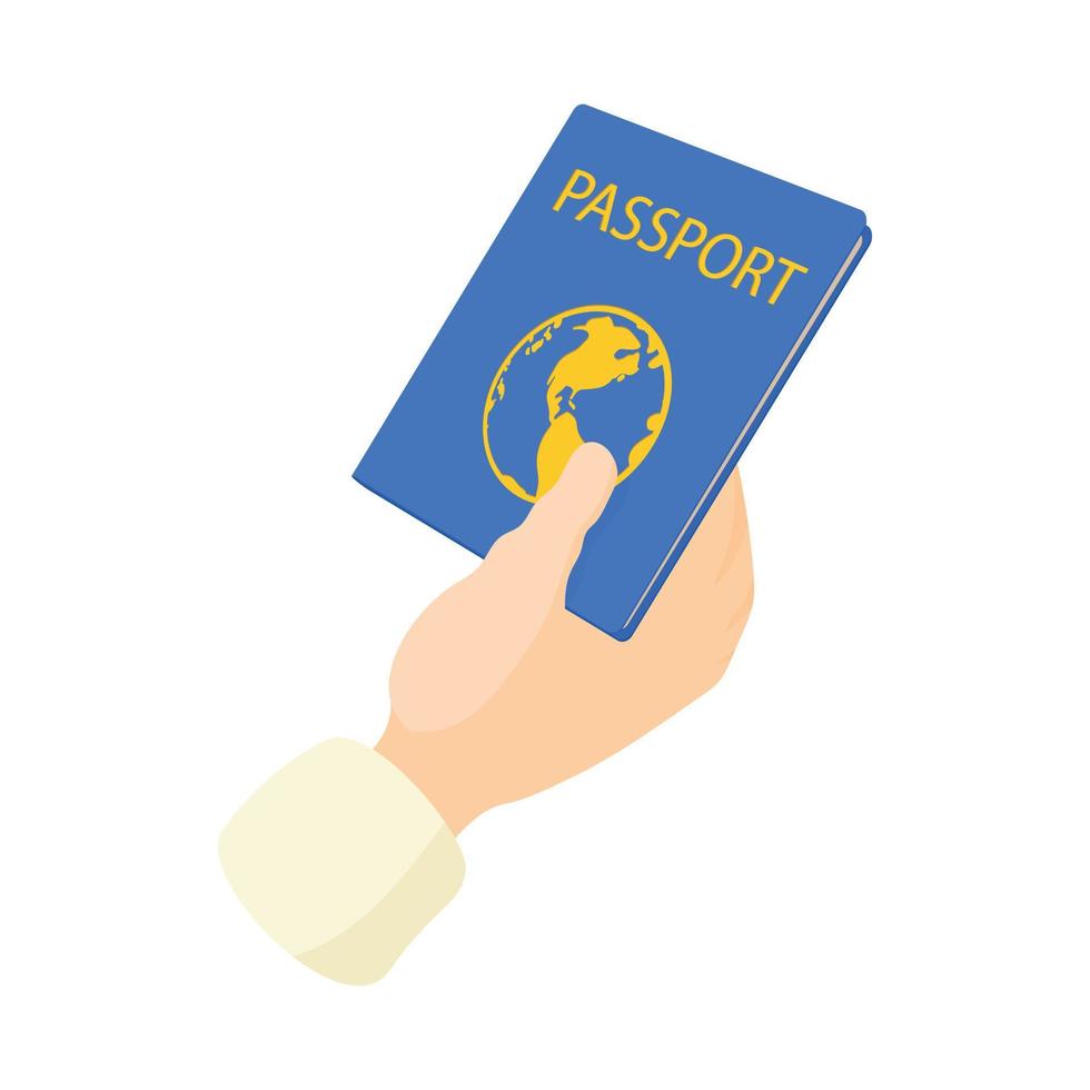 Hand holding passport icon, cartoon style vector