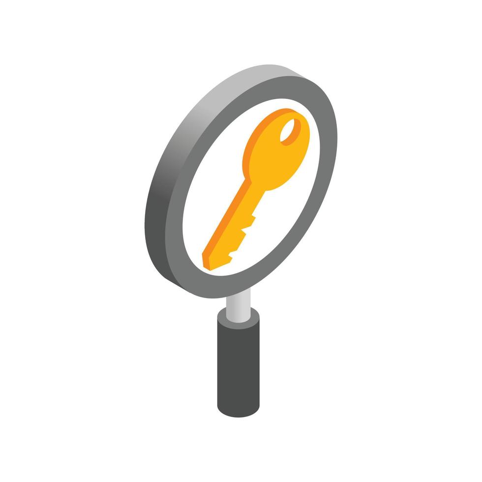 Magnifying glass with key icon, isometric 3d style vector