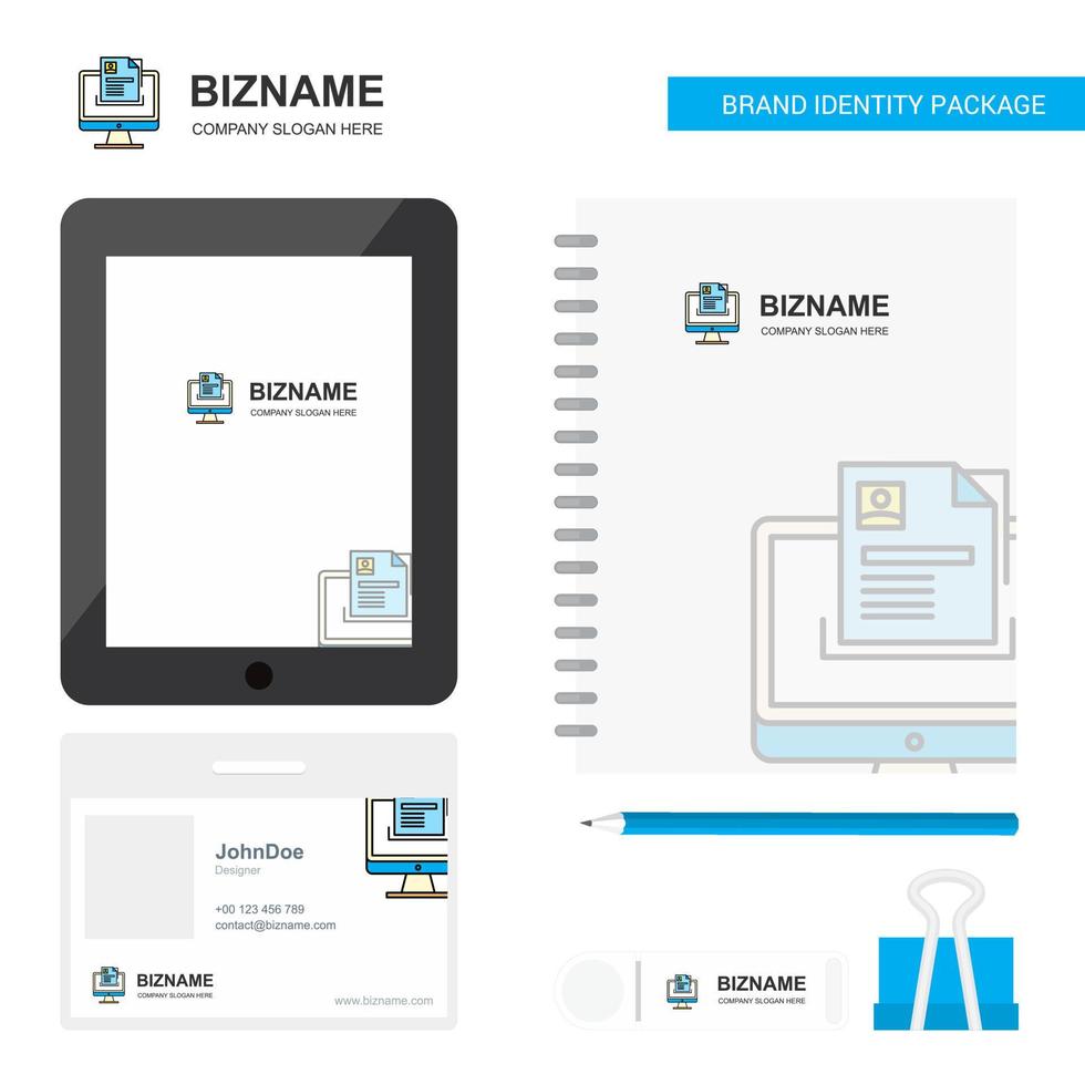 Document in computer Business Logo Tab App Diary PVC Employee Card and USB Brand Stationary Package Design Vector Template