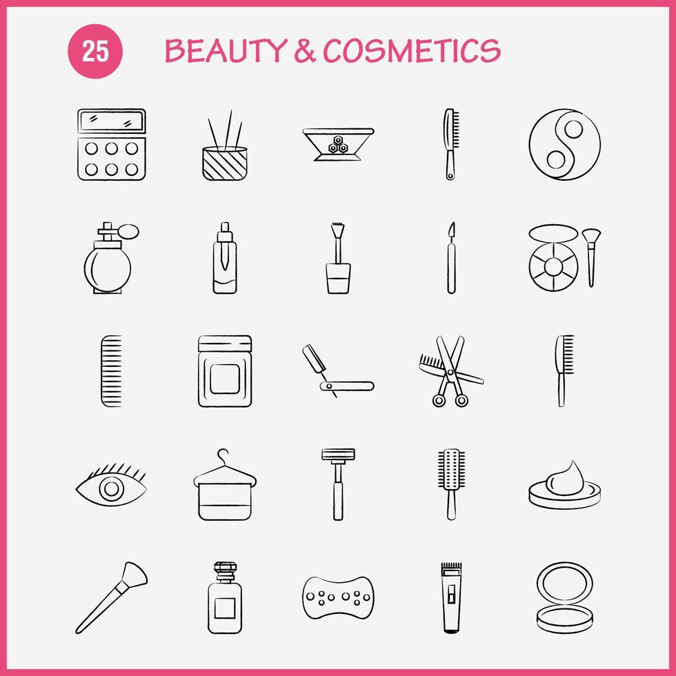 Beauty And Cosmetics Hand Drawn Icon for Web Print and Mobile UXUI Kit Such as Bowl Food Kitchen Beauty Cosmetic Makeup Powder Puff Pictogram Pack Vector
