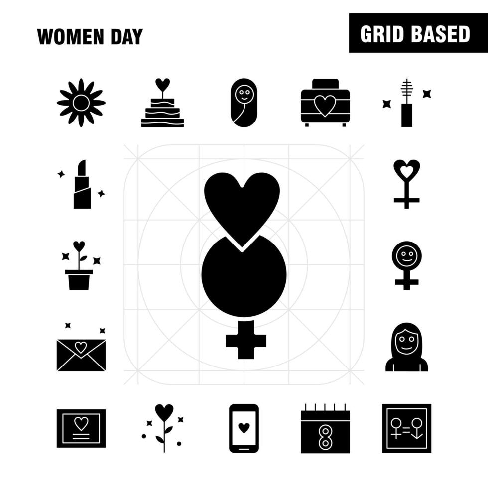 Women Day Solid Glyph Icons Set For Infographics Mobile UXUI Kit And Print Design Include Bag Shopping Bag Love Valentine Romantic Ear Ring Icon Set Vector