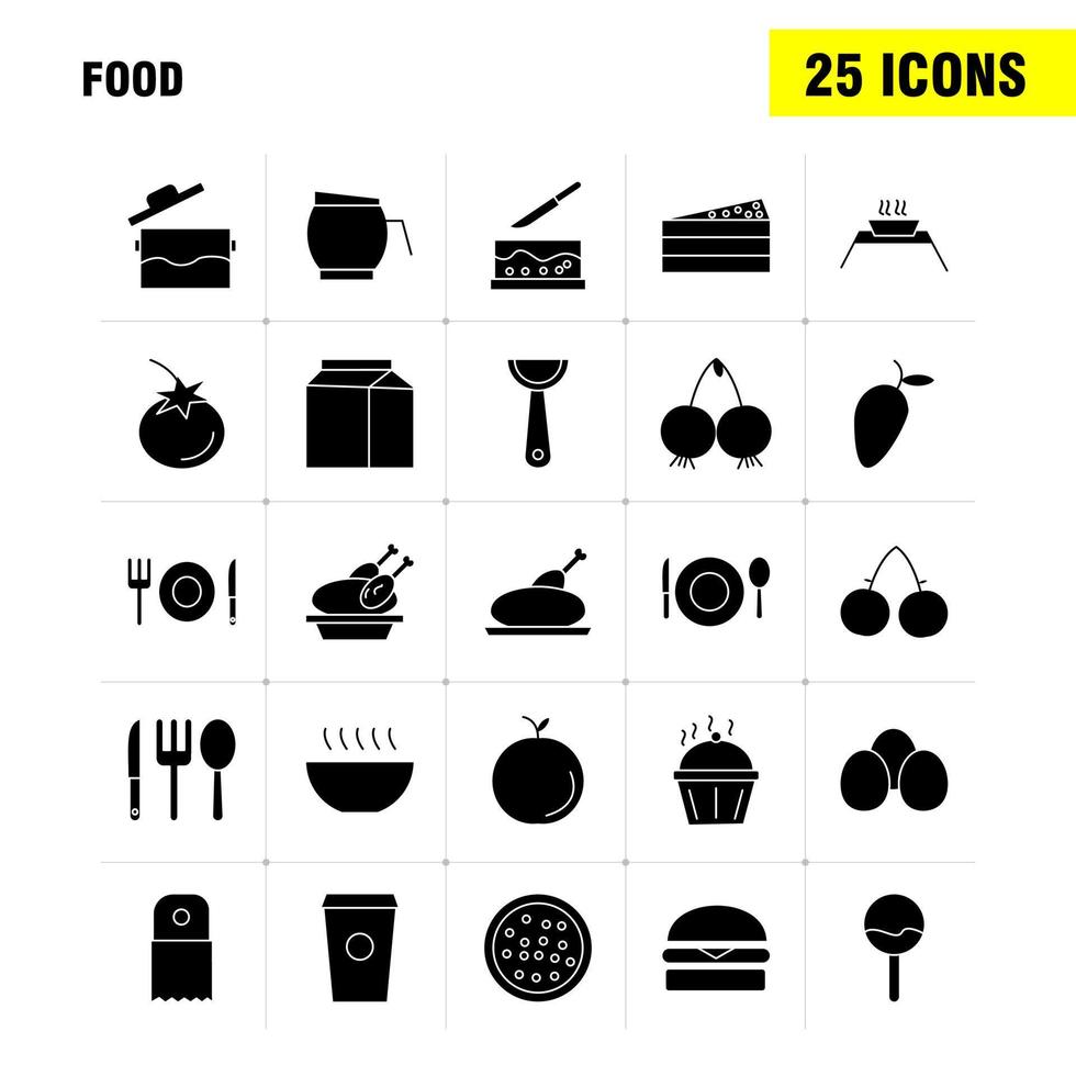 los iconos de glifo sólido de alimentos establecidos para infografías kit uxui móvil y diseño de impresión incluyen especias, chile, pimiento picante, pastel, comida dulce, comida, colección, moderno, infografía, logotipo, y, pictogram, vector
