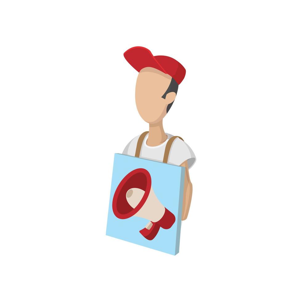 Sandwich board man icon, cartoon, on white vector