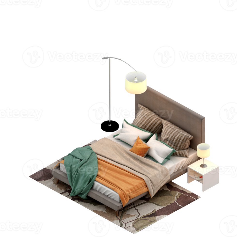 Isometric Bedroom 3D render png