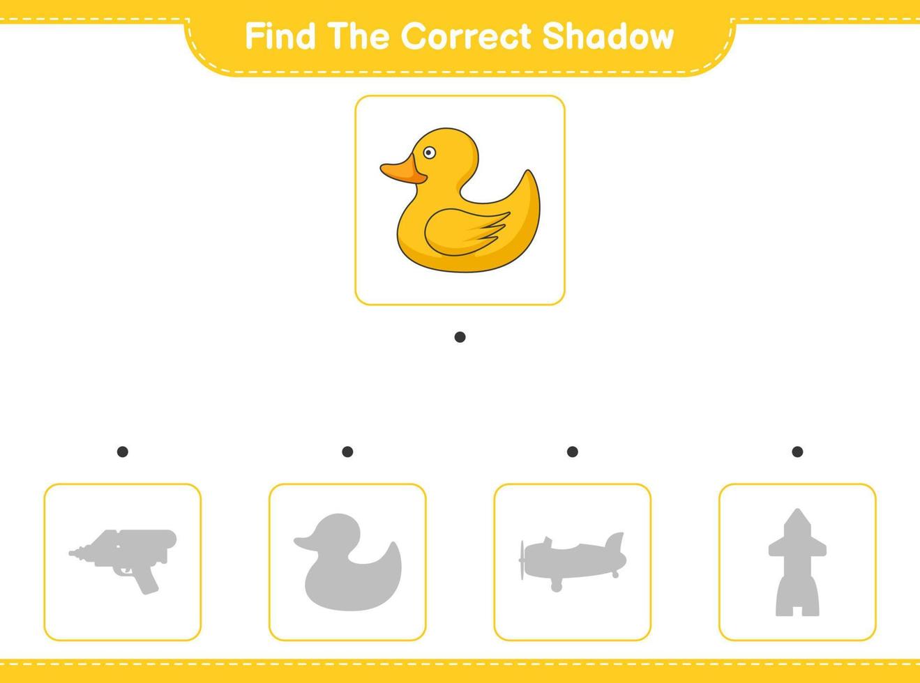 Find the correct shadow. Find and match the correct shadow of Rubber Duck. Educational children game, printable worksheet, vector illustration