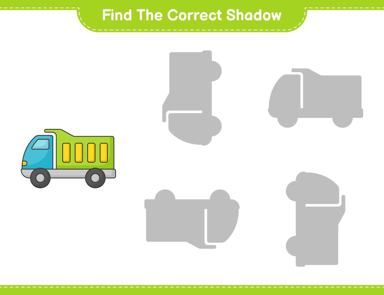 Find the correct shadow. Find and match the correct shadow of Lorry. Educational children game, printable worksheet, vector illustration