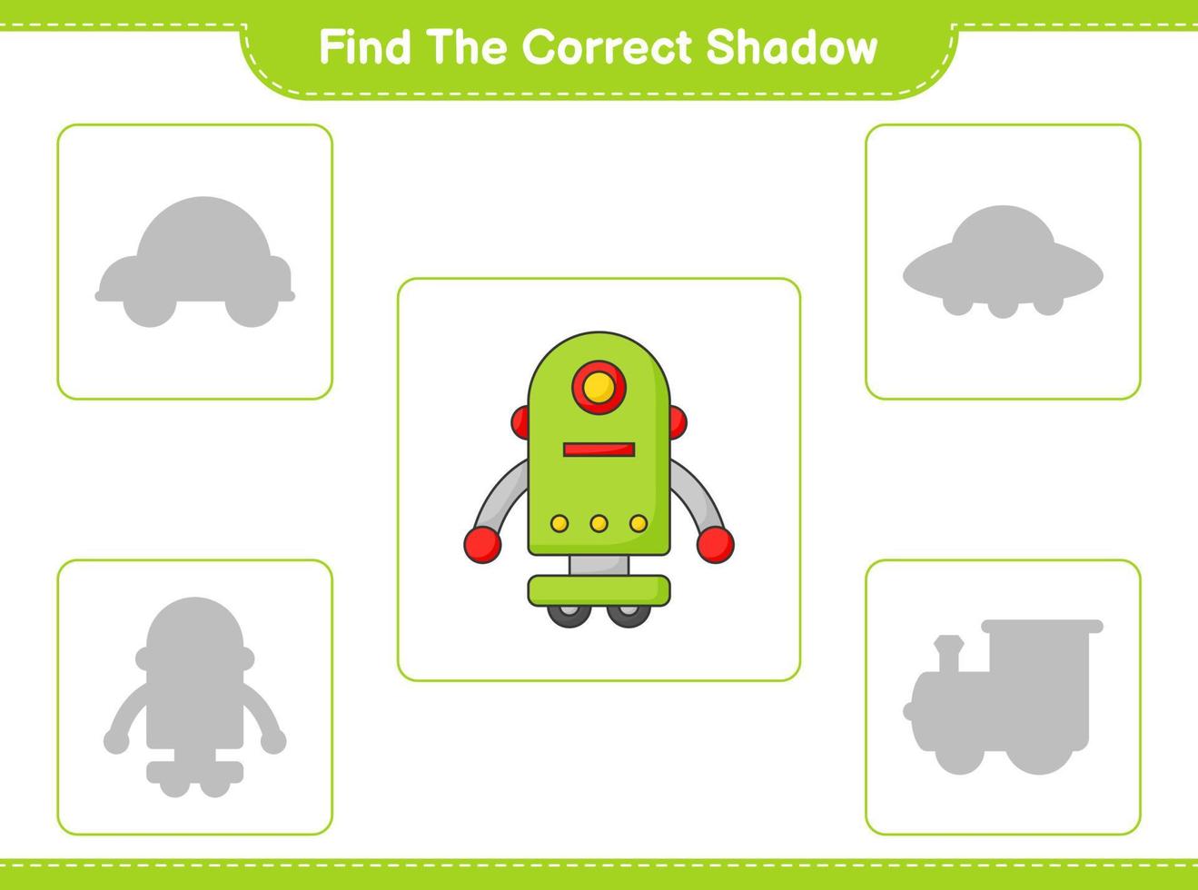 Find the correct shadow. Find and match the correct shadow of Robot Character. Educational children game, printable worksheet, vector illustration