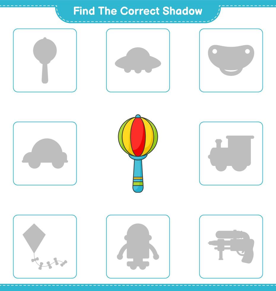 Find the correct shadow. Find and match the correct shadow of Baby Rattle. Educational children game, printable worksheet, vector illustration