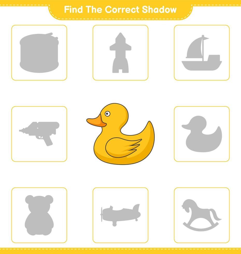 Find the correct shadow. Find and match the correct shadow of Rubber Duck. Educational children game, printable worksheet, vector illustration