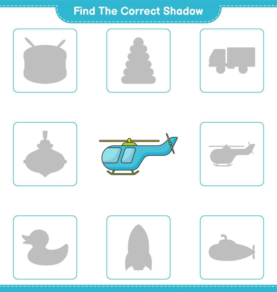 Find the correct shadow. Find and match the correct shadow of Helicopter. Educational children game, printable worksheet, vector illustration