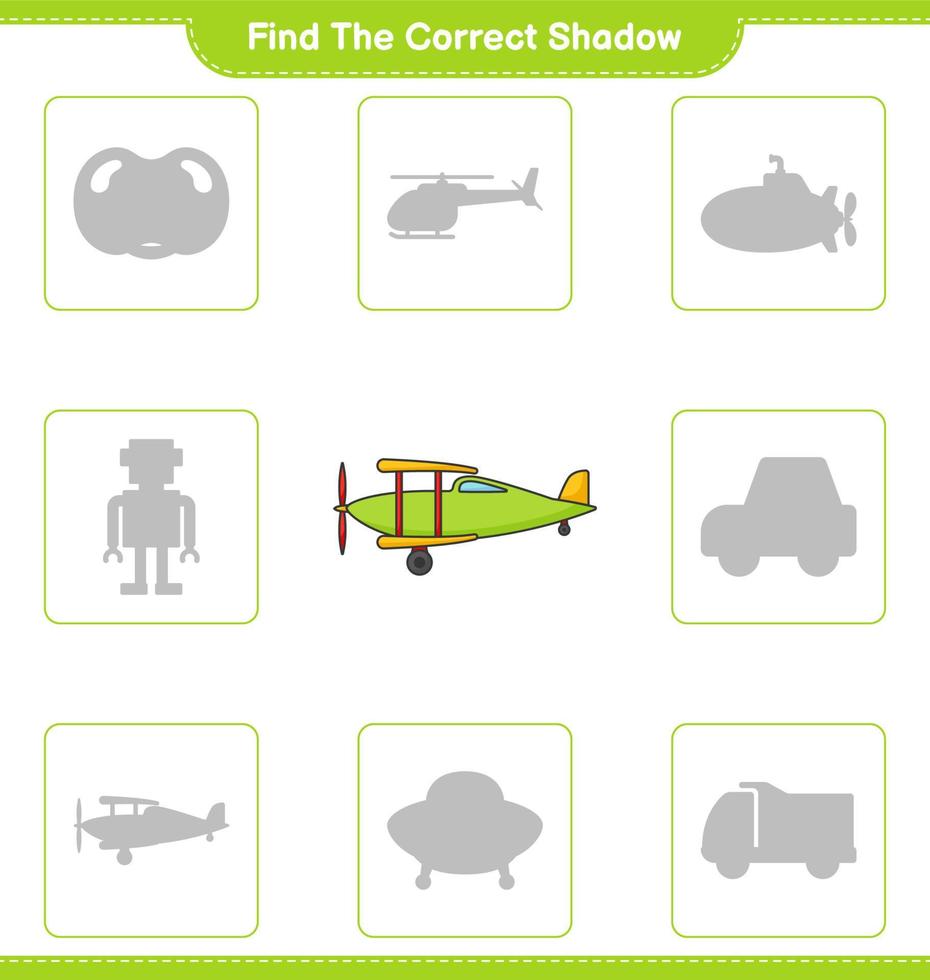 Find the correct shadow. Find and match the correct shadow of Plane. Educational children game, printable worksheet, vector illustration