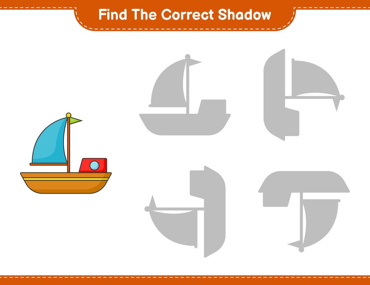 Find the correct shadow. Find and match the correct shadow of Boat. Educational children game, printable worksheet, vector illustration