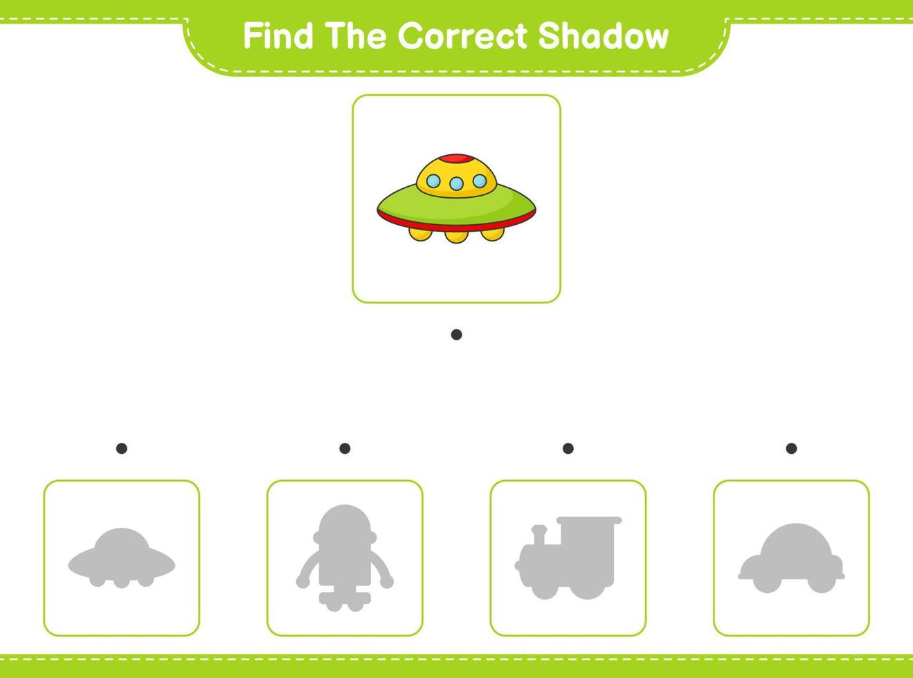 Find the correct shadow. Find and match the correct shadow of Ufo. Educational children game, printable worksheet, vector illustration