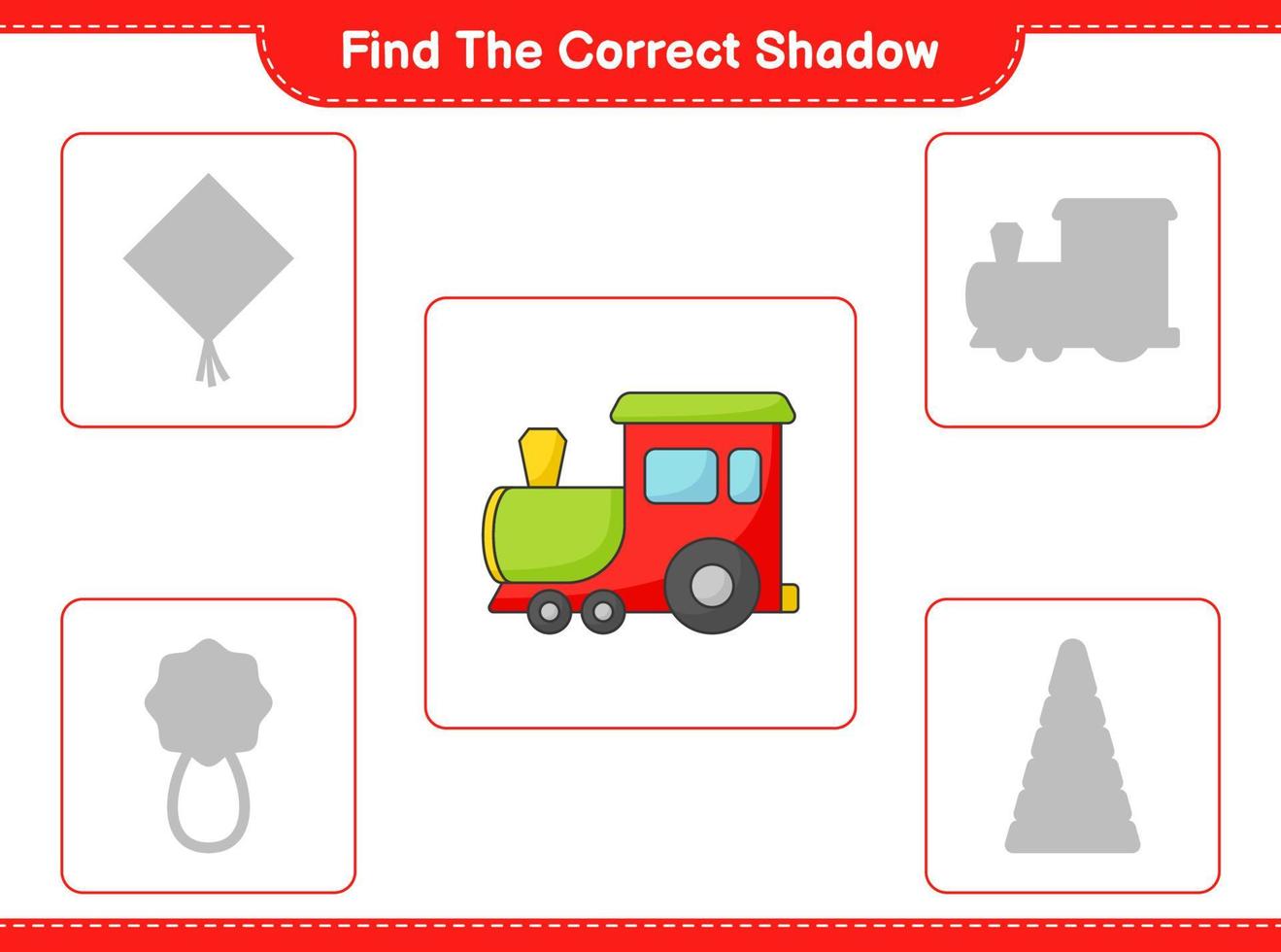 encontrar la sombra correcta. encuentra y combina la sombra correcta del tren. juego educativo para niños, hoja de cálculo imprimible, ilustración vectorial vector