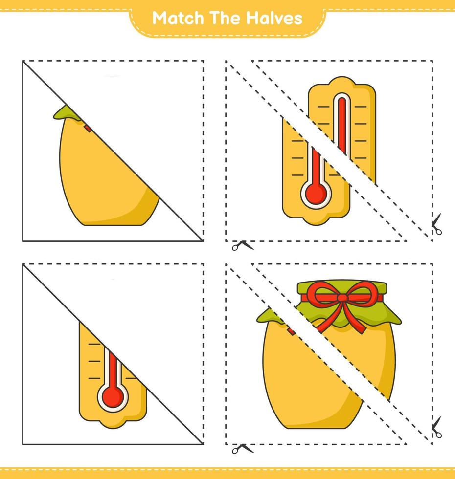 Empareja las mitades. haga coincidir las mitades del termómetro y la mermelada. juego educativo para niños, hoja de cálculo imprimible, ilustración vectorial vector