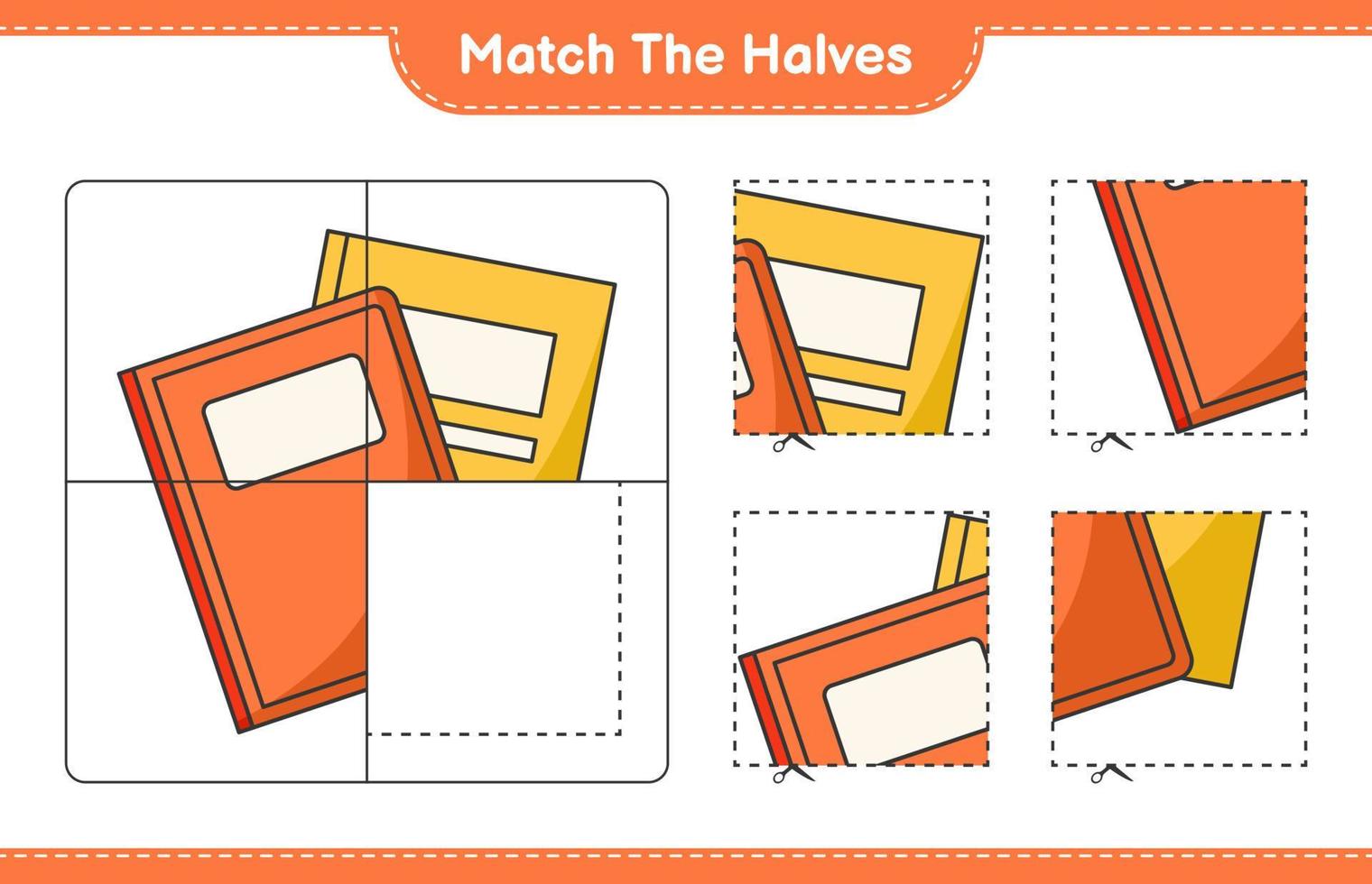 Match the halves. Match halves of Book. Educational children game, printable worksheet, vector illustration