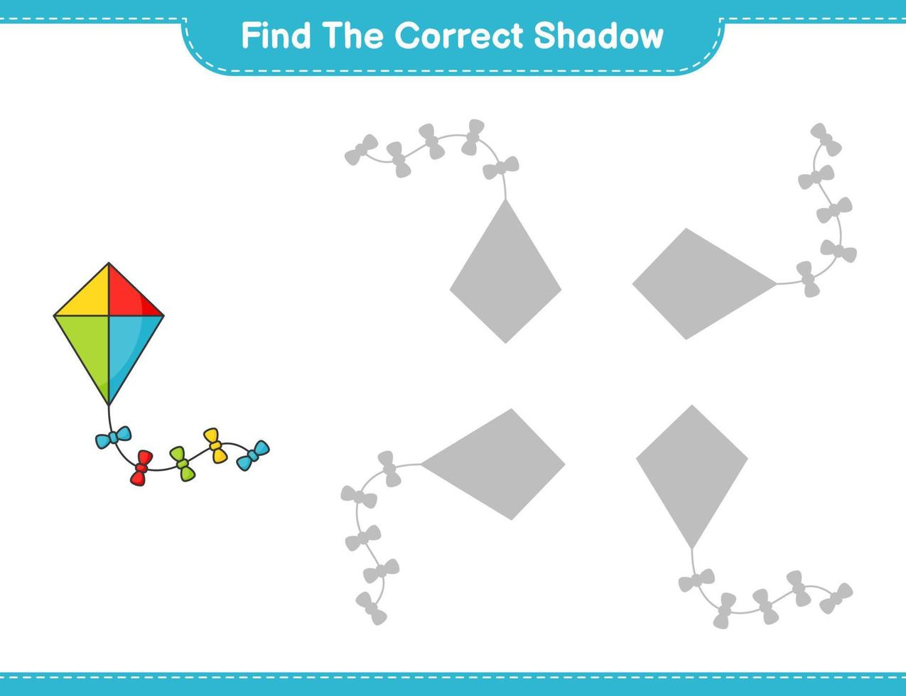 encontrar la sombra correcta. encuentra y combina la sombra correcta de la cometa. juego educativo para niños, hoja de cálculo imprimible, ilustración vectorial vector