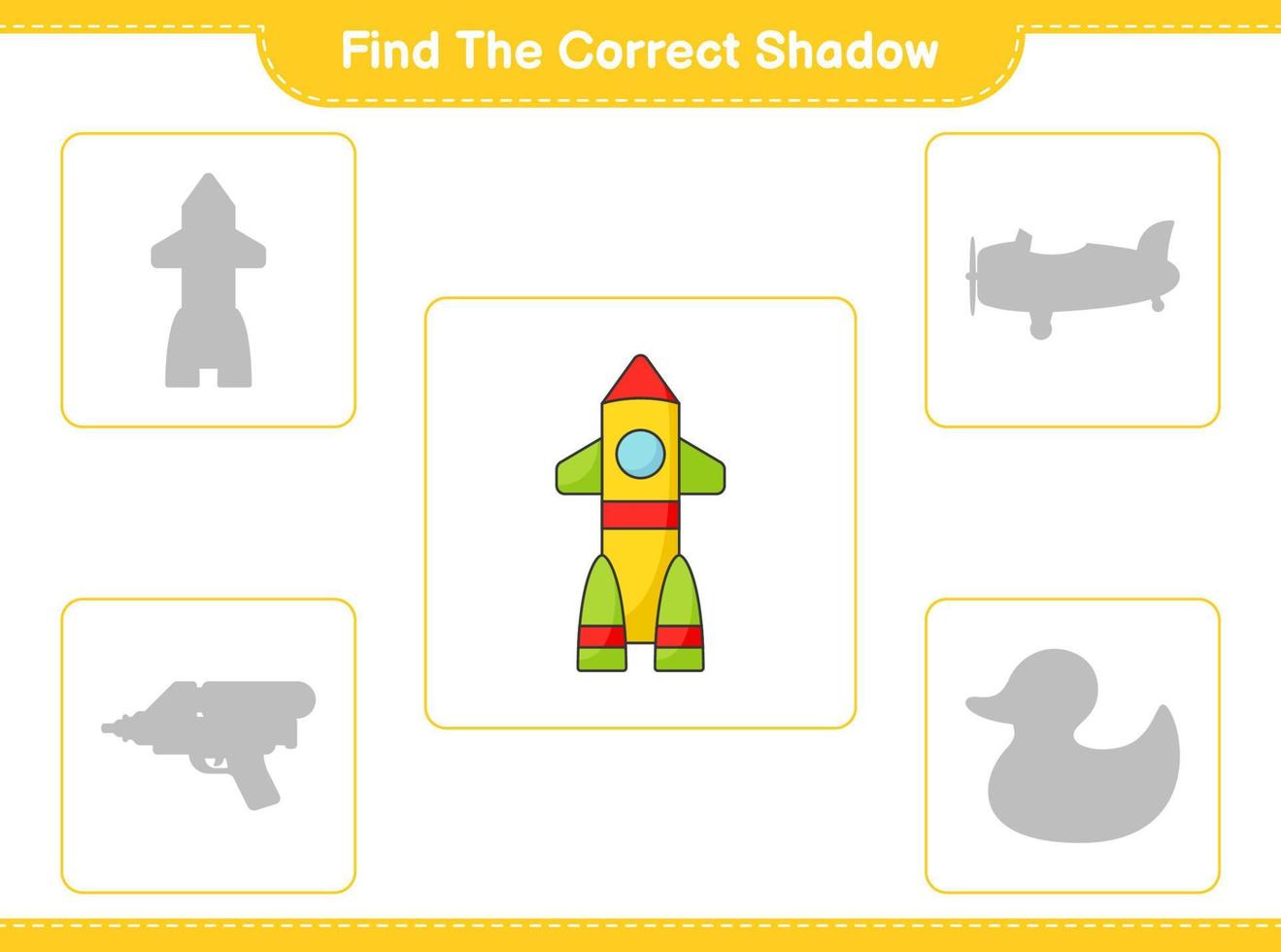Find the correct shadow. Find and match the correct shadow of Rocket. Educational children game, printable worksheet, vector illustration