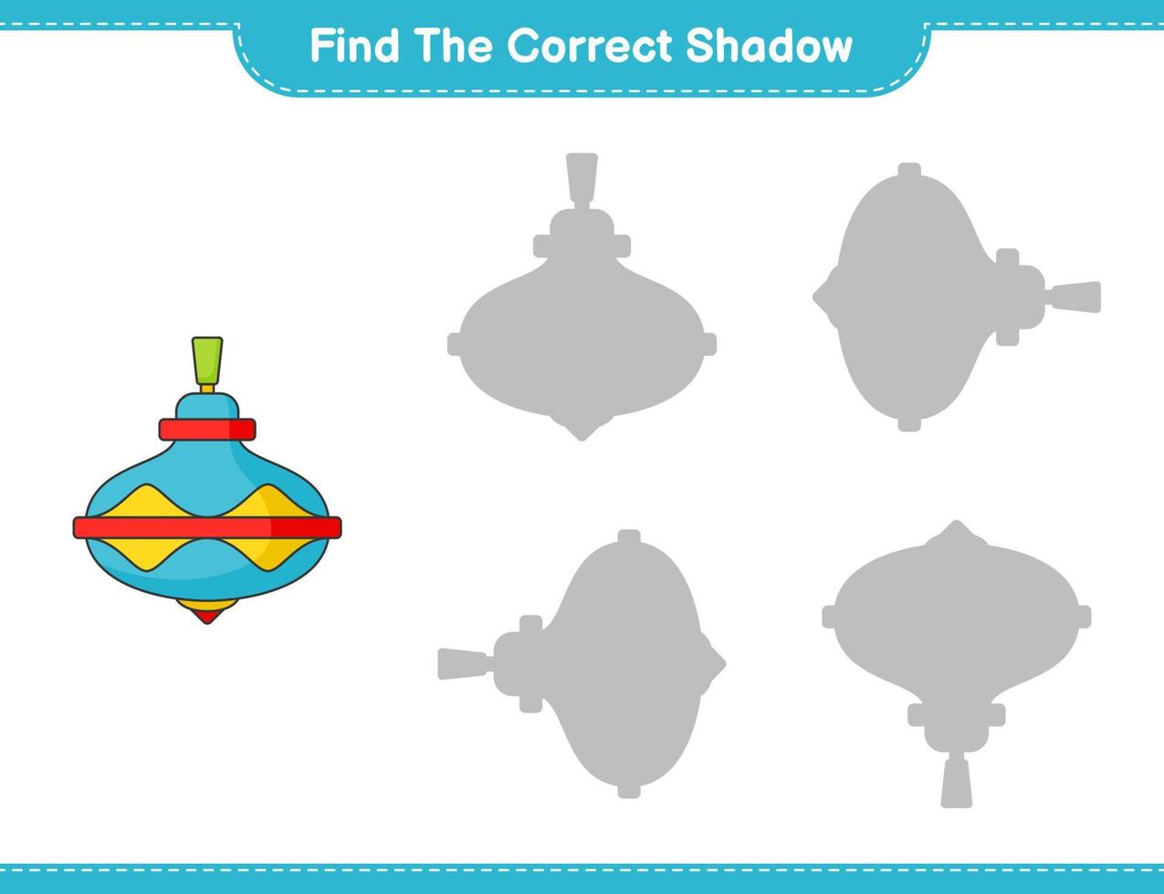 encontrar la sombra correcta. encuentra y combina la sombra correcta del juguete de perinola. juego educativo para niños, hoja de cálculo imprimible, ilustración vectorial vector