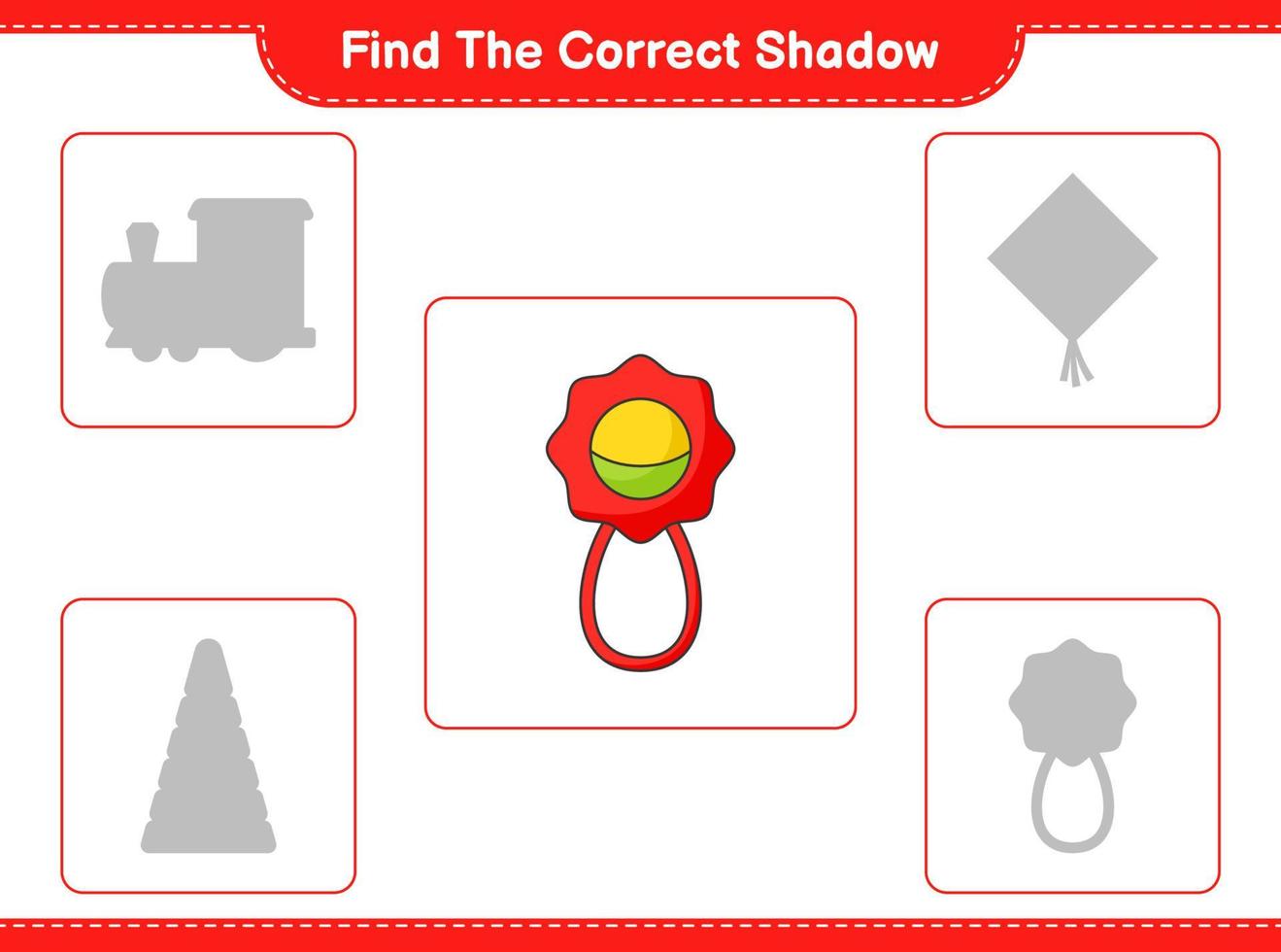 encontrar la sombra correcta. encuentra y combina la sombra correcta del sonajero. juego educativo para niños, hoja de cálculo imprimible, ilustración vectorial vector