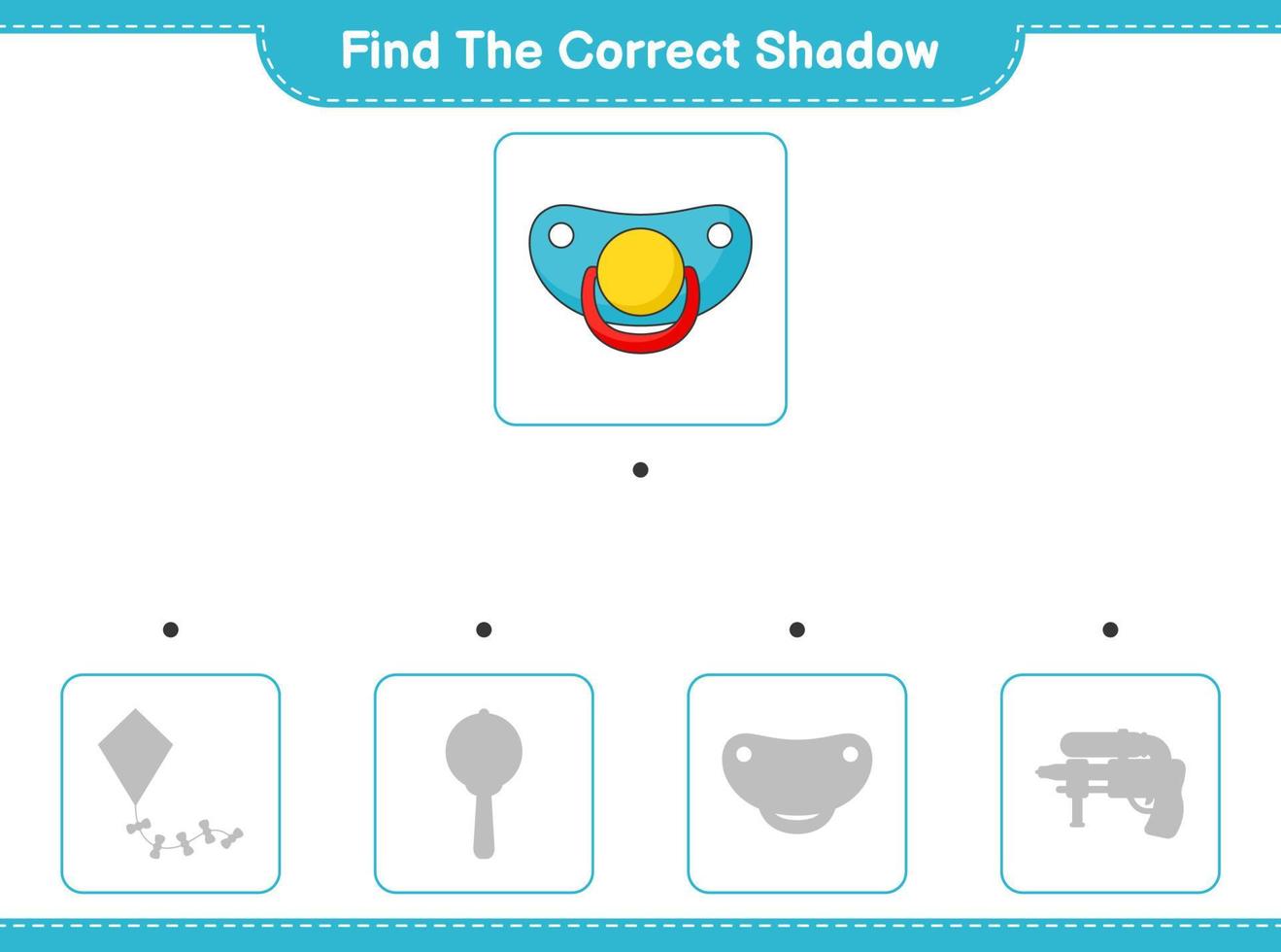 Find the correct shadow. Find and match the correct shadow of Pacifier. Educational children game, printable worksheet, vector illustration