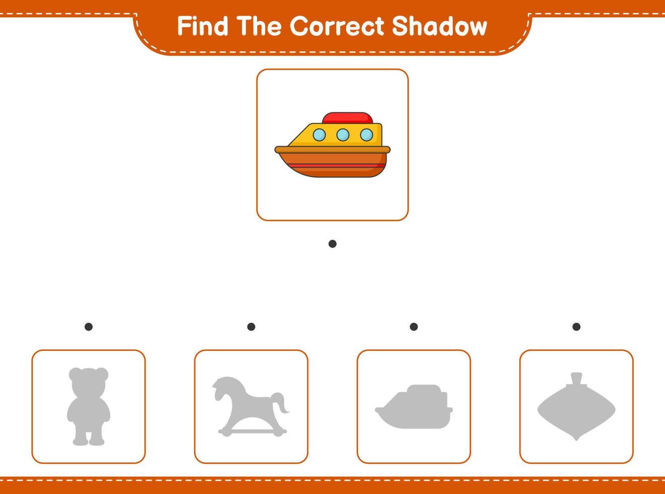 Find the correct shadow. Find and match the correct shadow of Boat. Educational children game, printable worksheet, vector illustration