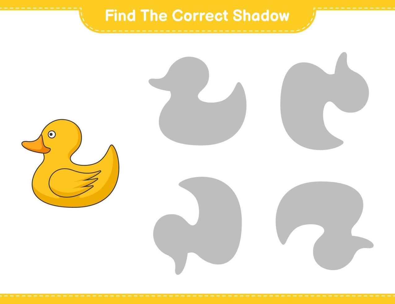 encontrar la sombra correcta. encuentra y combina la sombra correcta del patito de goma. juego educativo para niños, hoja de cálculo imprimible, ilustración vectorial vector