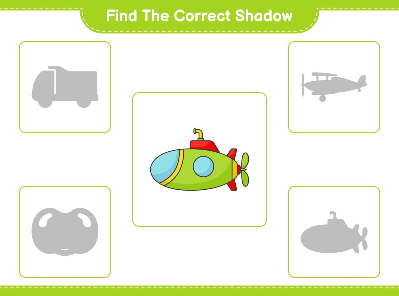 Find the correct shadow. Find and match the correct shadow of Submarine. Educational children game, printable worksheet, vector illustration