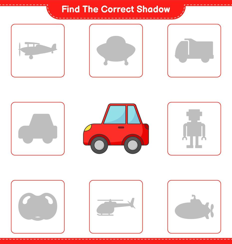 Find the correct shadow. Find and match the correct shadow of Car. Educational children game, printable worksheet, vector illustration