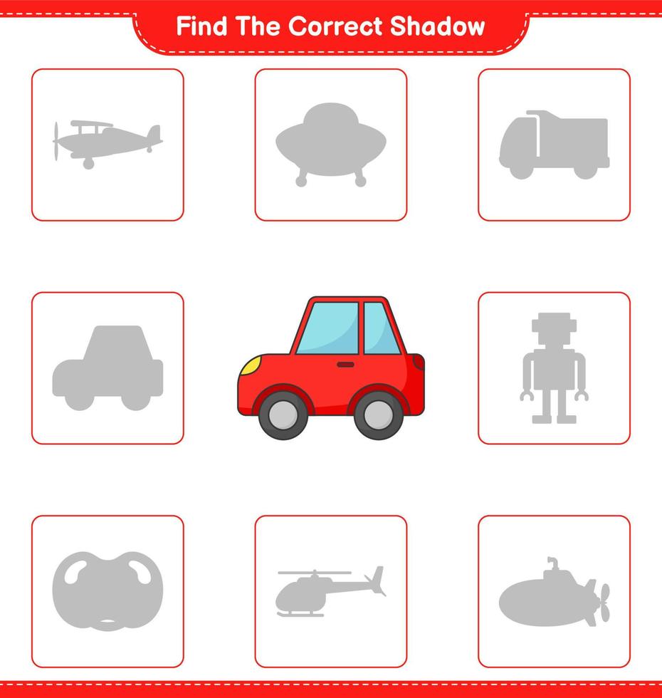 encontrar la sombra correcta. encontrar y hacer coincidir la sombra correcta del coche. juego educativo para niños, hoja de cálculo imprimible, ilustración vectorial vector