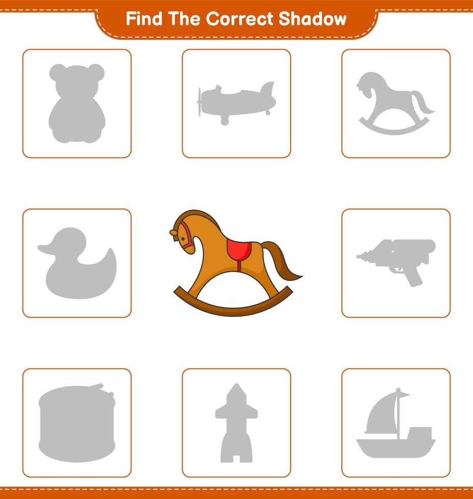 Find the correct shadow. Find and match the correct shadow of Rocking Horse. Educational children game, printable worksheet, vector illustration