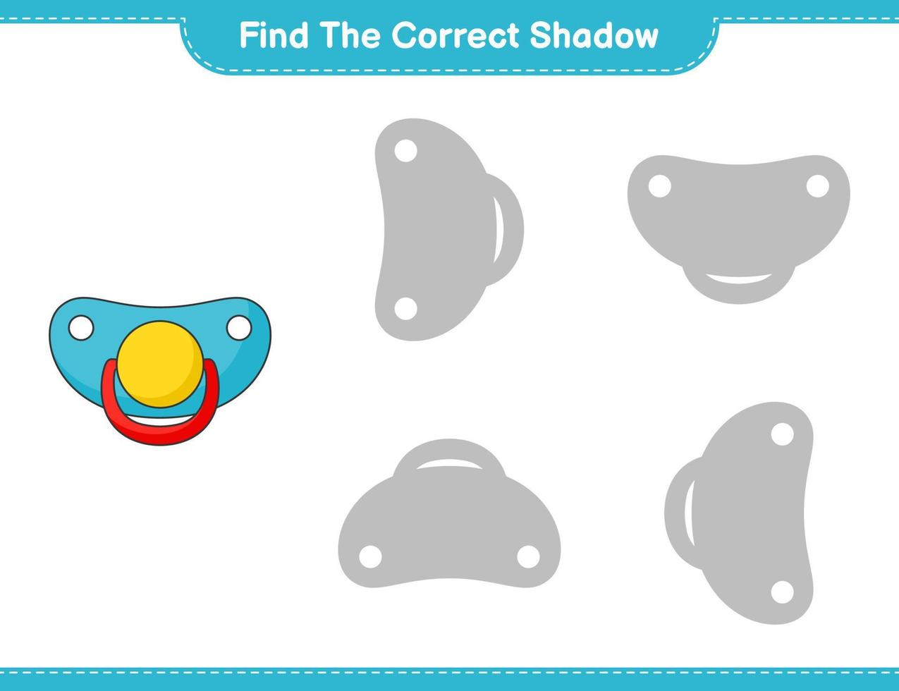 Find the correct shadow. Find and match the correct shadow of Pacifier. Educational children game, printable worksheet, vector illustration