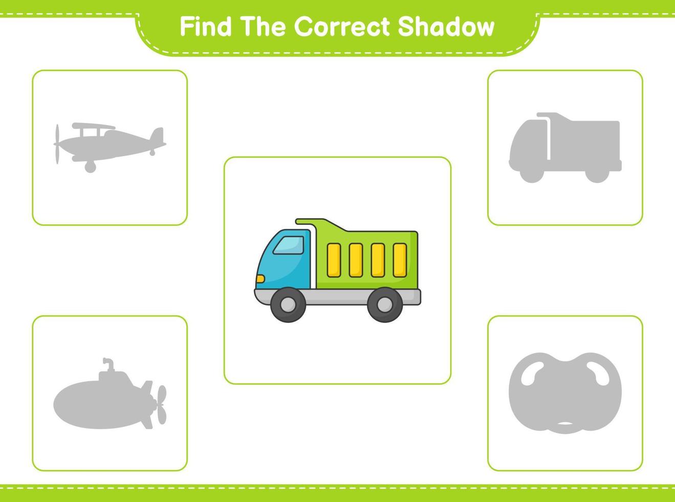 encontrar la sombra correcta. encontrar y hacer coincidir la sombra correcta del camión. juego educativo para niños, hoja de cálculo imprimible, ilustración vectorial vector