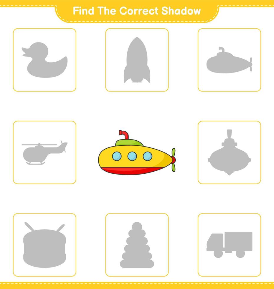 encontrar la sombra correcta. encuentra y combina la sombra correcta del submarino. juego educativo para niños, hoja de cálculo imprimible, ilustración vectorial vector