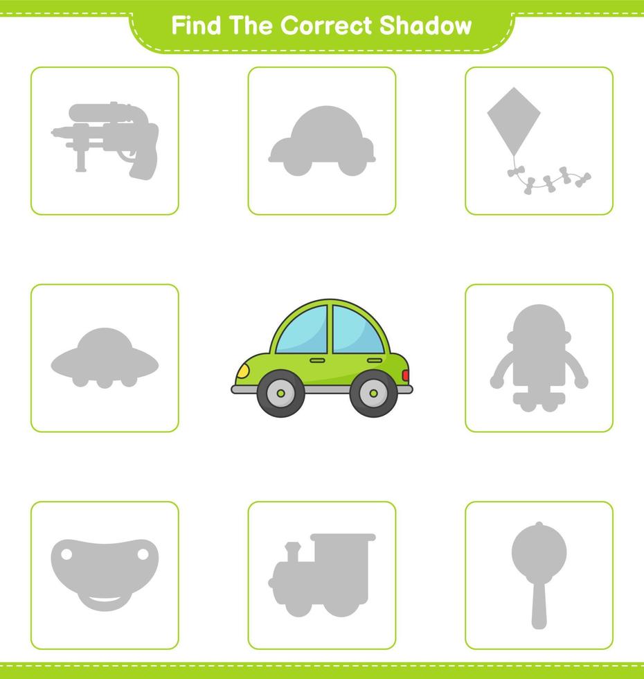 encontrar la sombra correcta. encontrar y hacer coincidir la sombra correcta del coche. juego educativo para niños, hoja de cálculo imprimible, ilustración vectorial vector