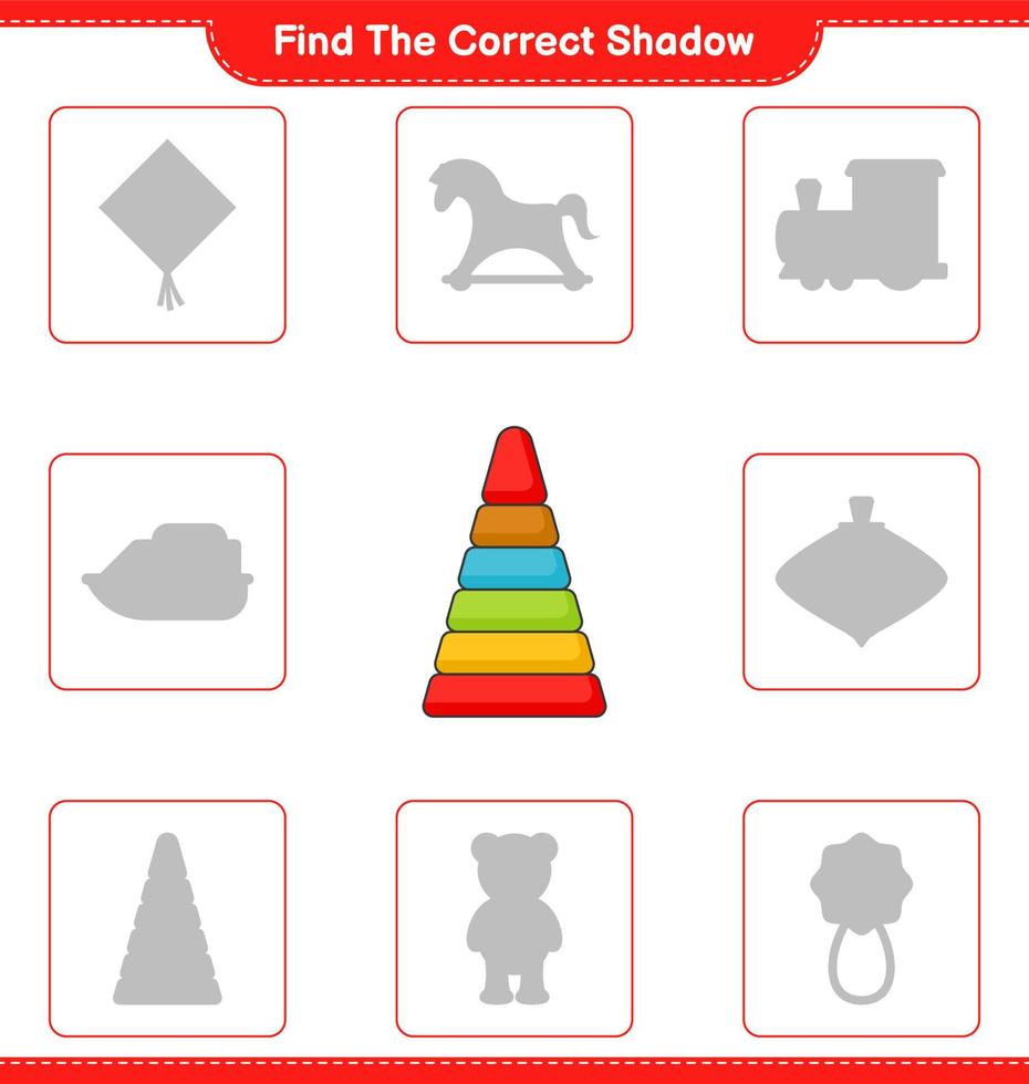 Find the correct shadow. Find and match the correct shadow of Pyramid Toy. Educational children game, printable worksheet, vector illustration