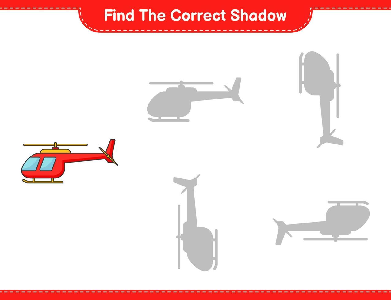 encontrar la sombra correcta. encuentra y combina la sombra correcta del helicóptero. juego educativo para niños, hoja de cálculo imprimible, ilustración vectorial vector