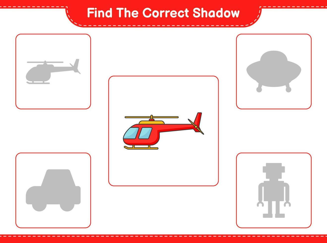 Find the correct shadow. Find and match the correct shadow of Helicopter. Educational children game, printable worksheet, vector illustration