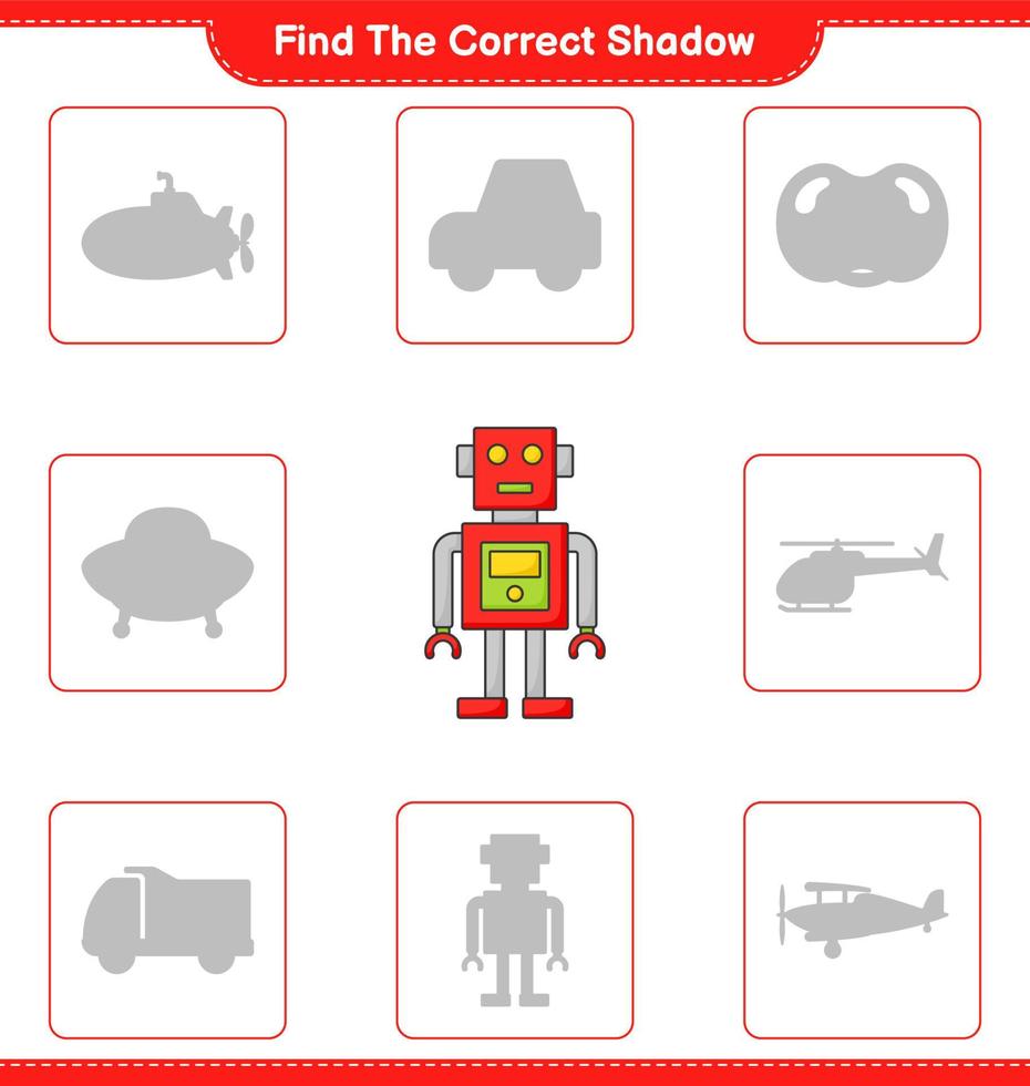 Find the correct shadow. Find and match the correct shadow of Robot Character. Educational children game, printable worksheet, vector illustration