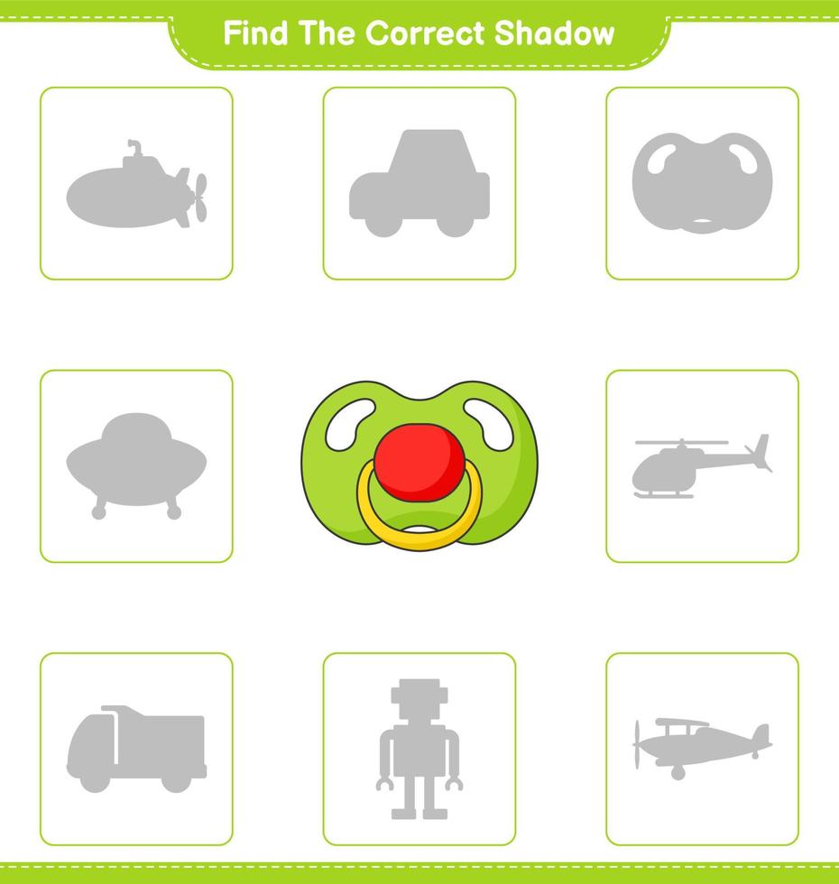 Find the correct shadow. Find and match the correct shadow of Pacifier. Educational children game, printable worksheet, vector illustration