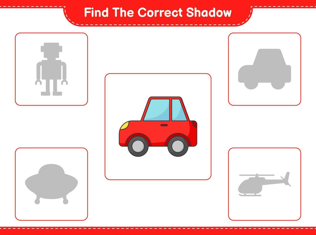 encontrar la sombra correcta. encontrar y hacer coincidir la sombra correcta del coche. juego educativo para niños, hoja de cálculo imprimible, ilustración vectorial vector