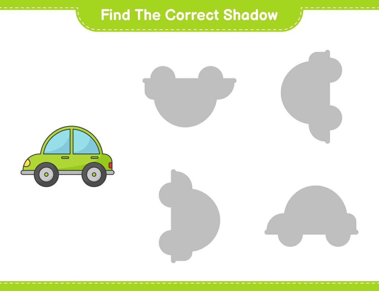 encontrar la sombra correcta. encontrar y hacer coincidir la sombra correcta del coche. juego educativo para niños, hoja de cálculo imprimible, ilustración vectorial vector