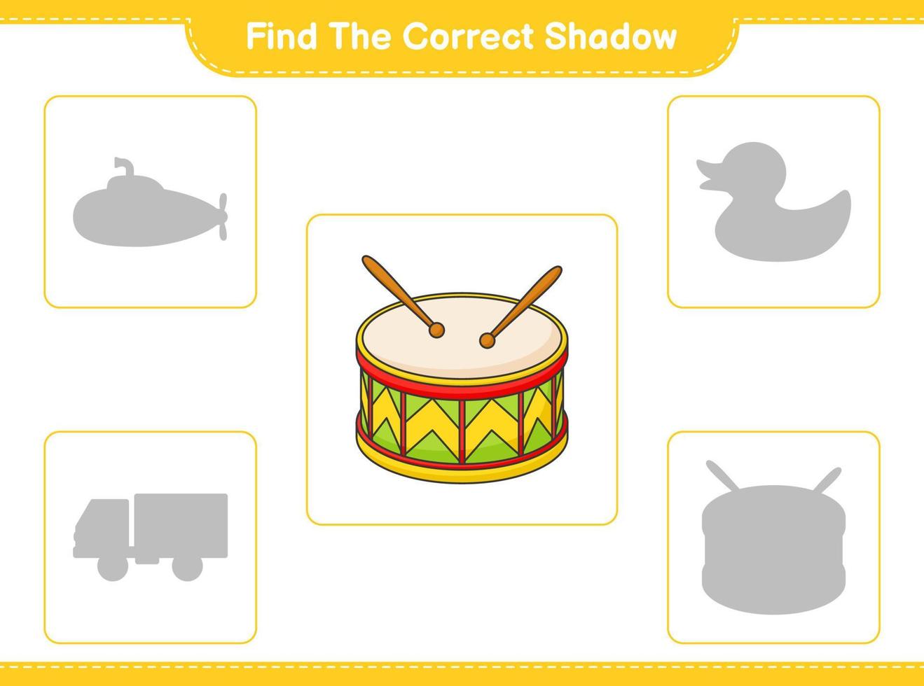 Find the correct shadow. Find and match the correct shadow of Drum. Educational children game, printable worksheet, vector illustration