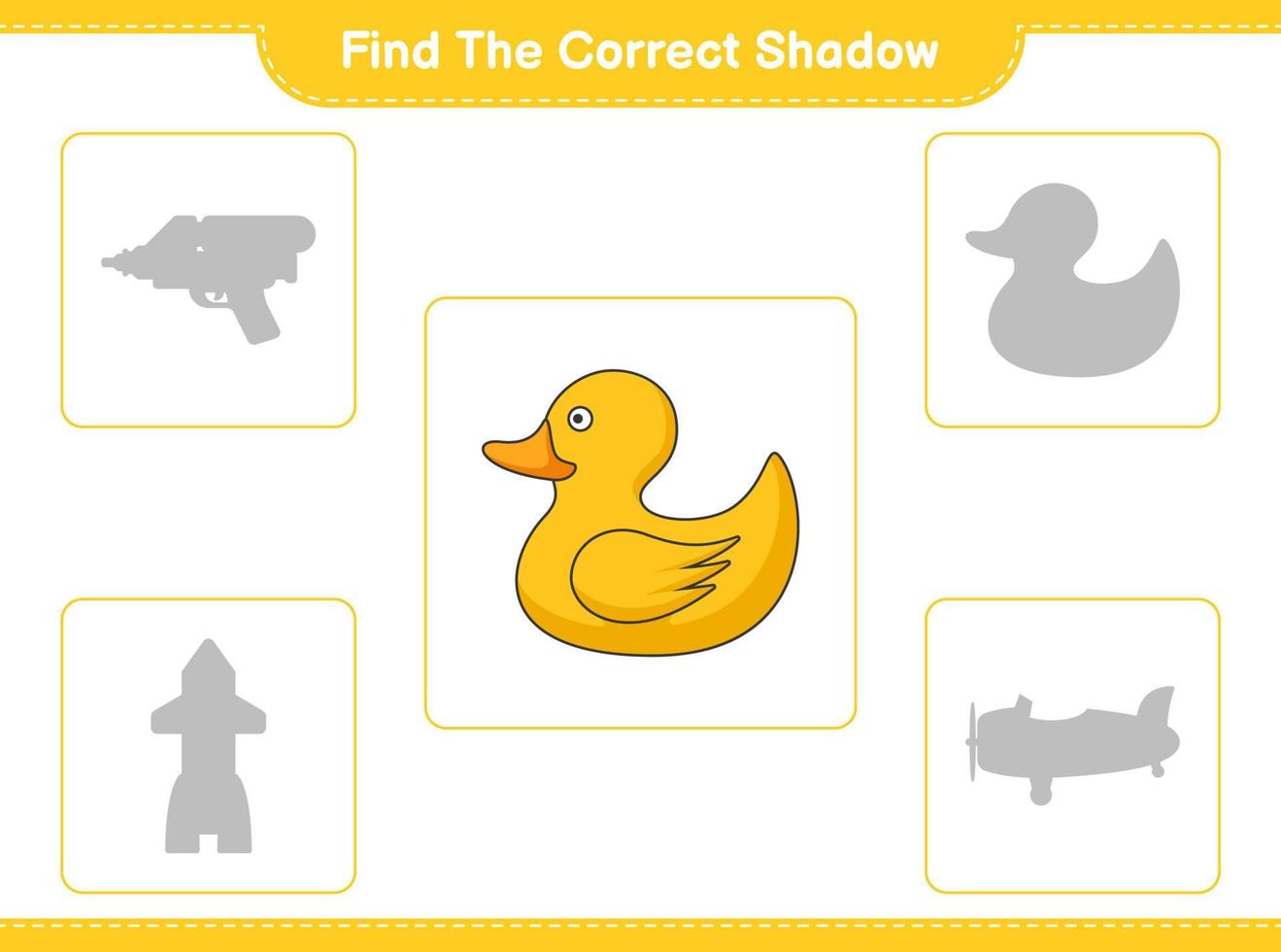 Find the correct shadow. Find and match the correct shadow of Rubber Duck. Educational children game, printable worksheet, vector illustration