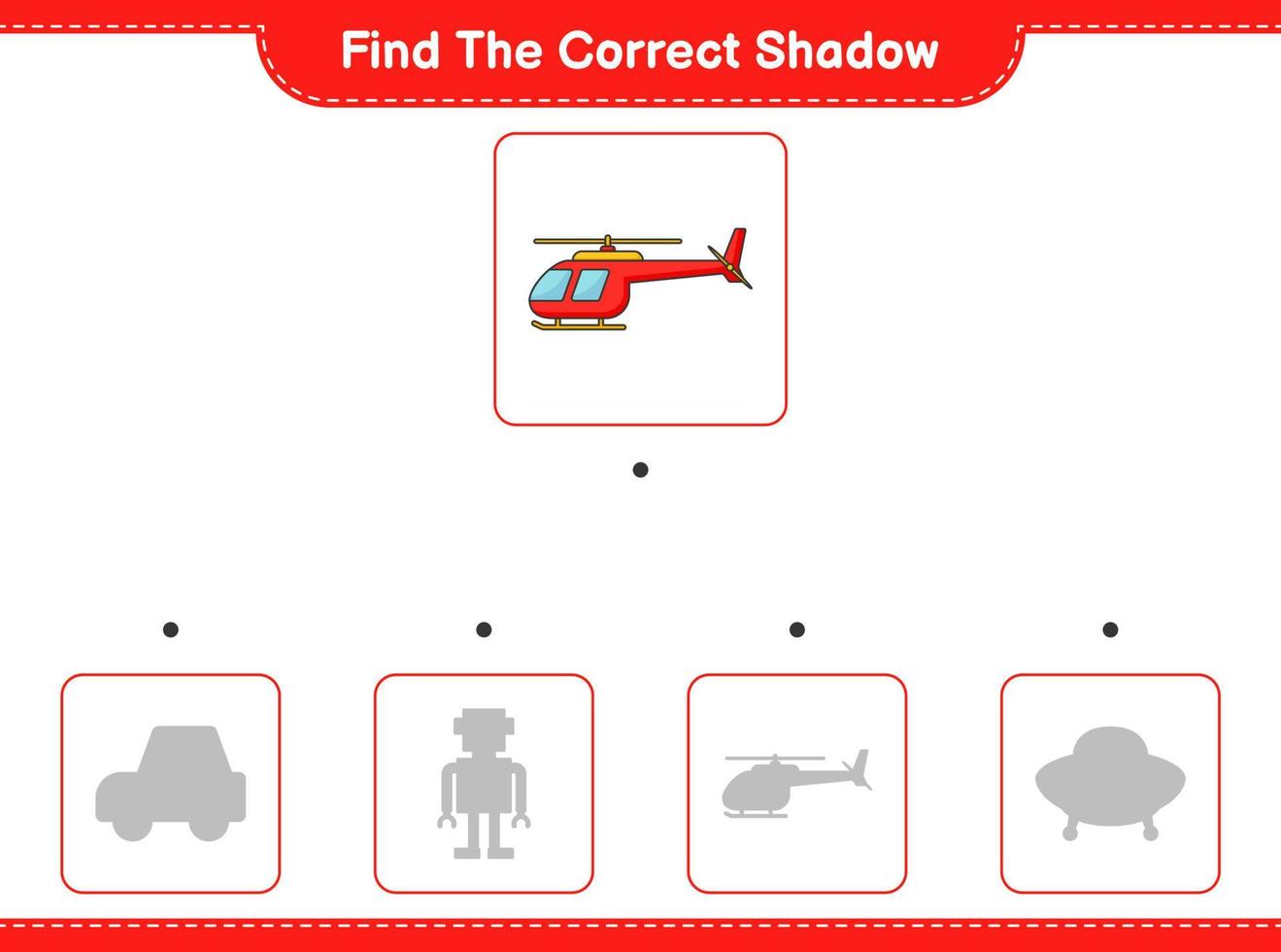 Find the correct shadow. Find and match the correct shadow of Helicopter. Educational children game, printable worksheet, vector illustration