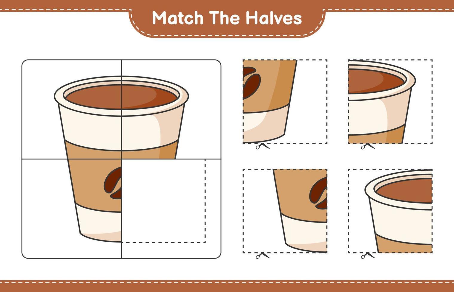 Match the halves. Match halves of Coffee Cup. Educational children game, printable worksheet, vector illustration